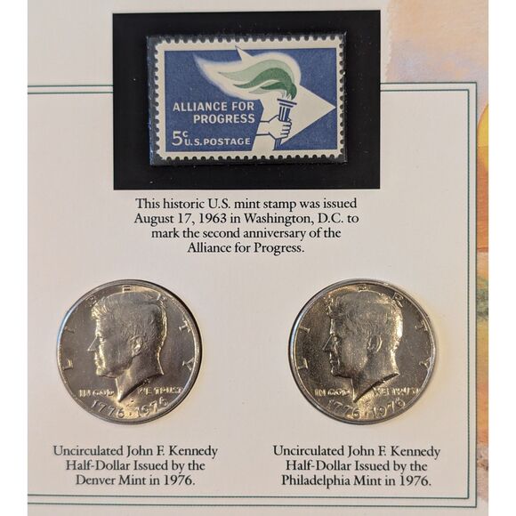 JFK Alliance for Progress Commemorative Set • 1976 Half Dollars 1963 Stamp Panel - Picture 2 of 3